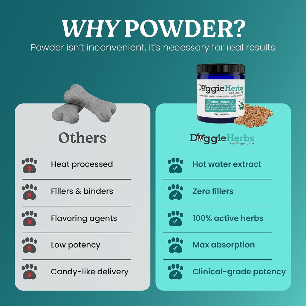 Doggie Herbs High Potency Immune Support – Fórmula de Cuidados Críticos con Setas Turkey Tail, Reishi y Hierbas TCM – Polvo Formulado por Doctor para Recuperación, Vitalidad y Salud Celular – 100g