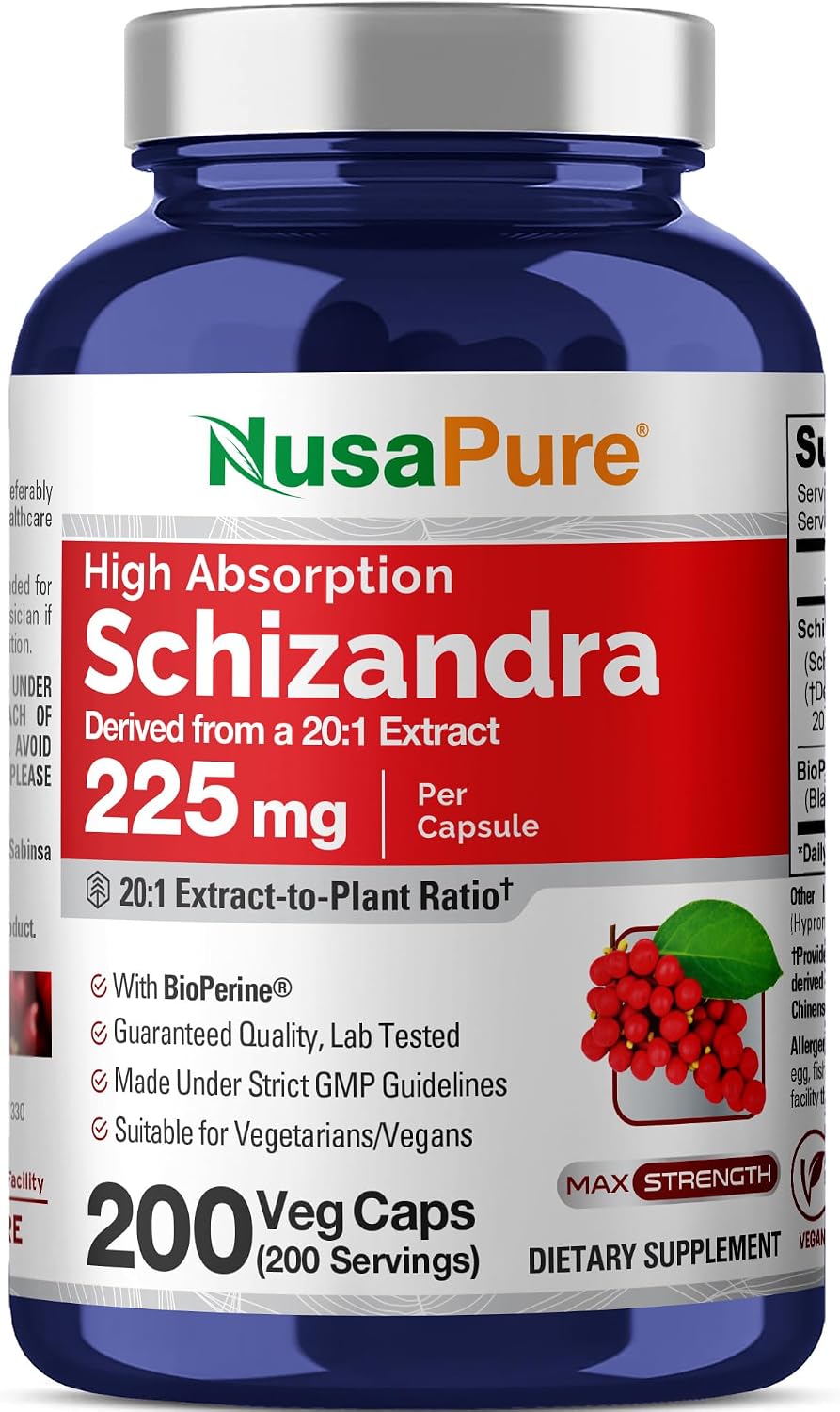 NusaPure Schizandra Berries Cápsulas, 225 mg, 200 Cápsulas Vegetales (No OGM, Vegano)