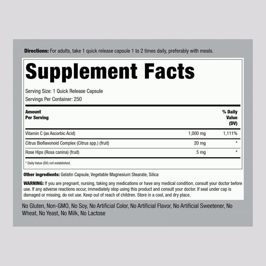 Piping Rock Vitamin C 1000mg | 250 Cápsulas | con Bioflavonoides y Escaramujo | Suplemento para Mujeres y Hombres | No-GMO, Sin Gluten
