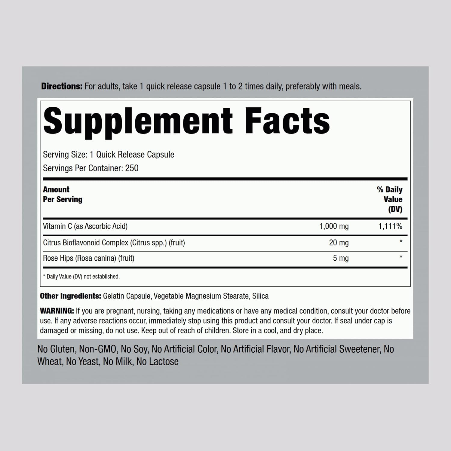 Piping Rock Vitamin C 1000mg | 250 Cápsulas | con Bioflavonoides y Escaramujo | Suplemento para Mujeres y Hombres | No-GMO, Sin Gluten