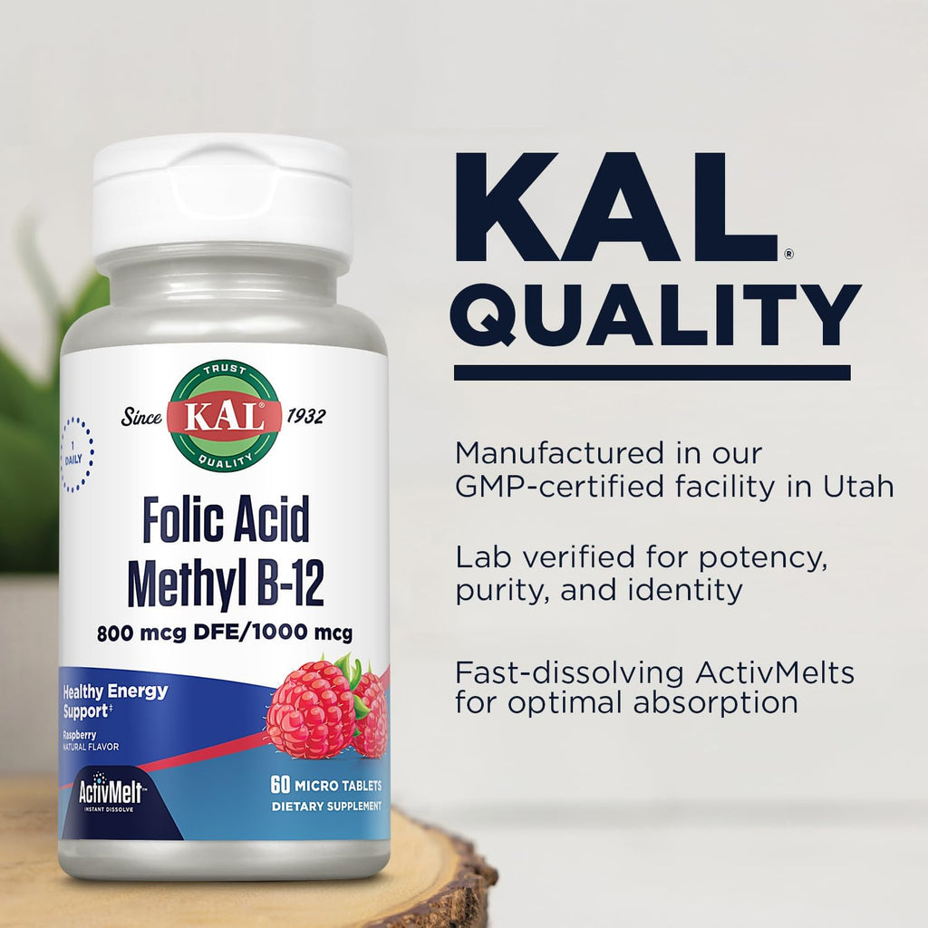 KAL Ácido Fólico 800 mcg con Metil B-12 Comprimidos sabor Frambuesa - 60 unidades