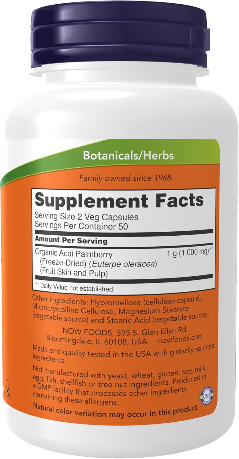 NOW Foods, Acai 500 mg, Superfruta liofilizada con polifenoles, 100 cápsulas vegetales