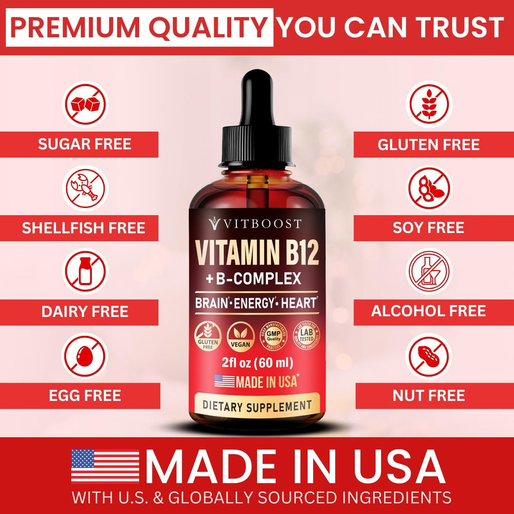 Vitamina B12 con Complejo B 20 mg - Gotas Líquidas Sabor Frambuesa - Vegano, Sublingual - Metilcobalamina - 4 Meses de Suministro