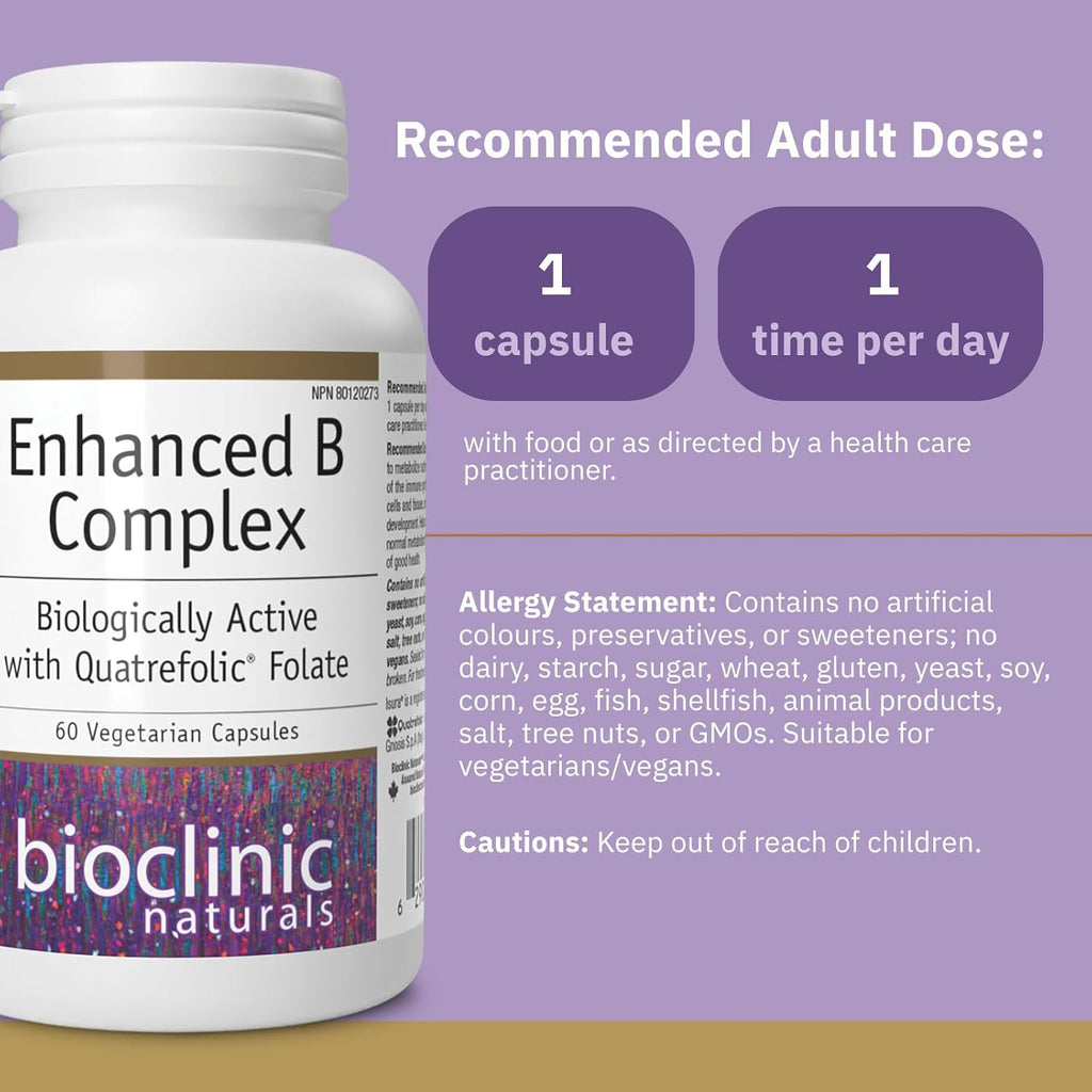 Bioclinic Naturals Enhanced B Complex 60 Softgels - Biológicamente Activo con Quatrefolic Folate