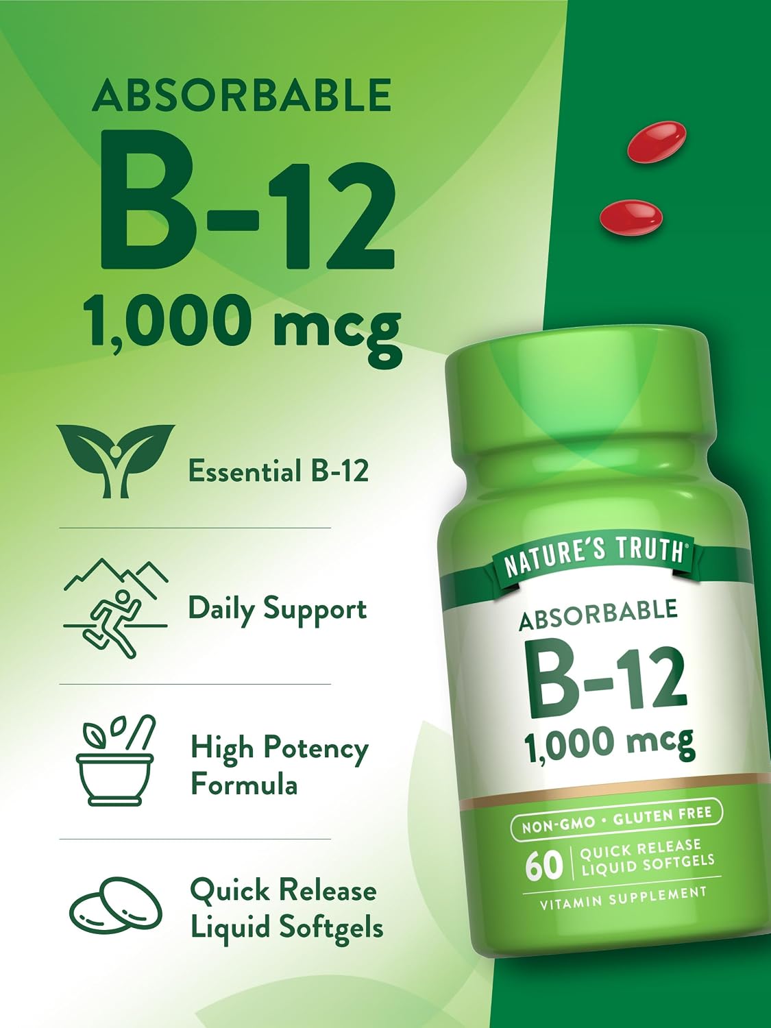 Nature's Truth Vitamina B12 1000 mcg - 60 Cápsulas Blandas de Liberación Rápida - Sin Gluten y No-GMO