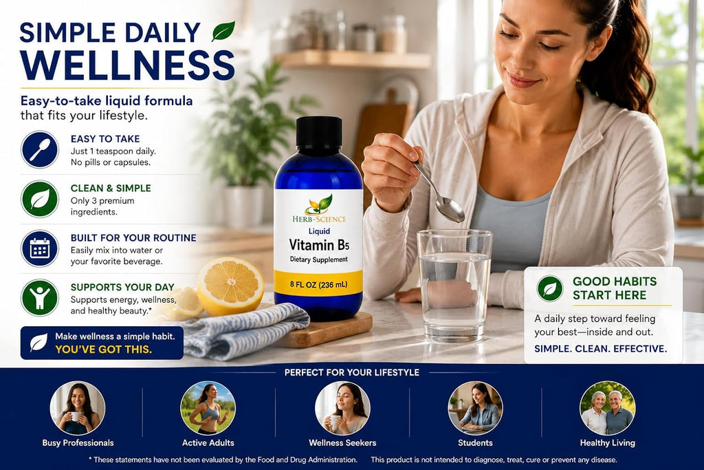 Líquido de Vitamina B5 (Ácido Pantoténico) – 192 Dosis – Alta Absorción – Vegano, Sin Alcohol, Sin OGM – 236 ml