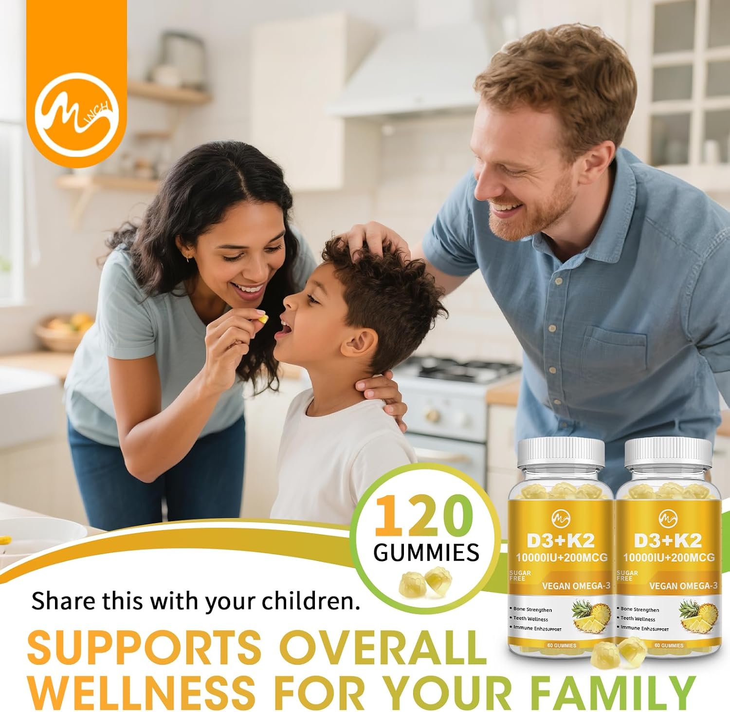 M inch Vitamin D3 K2 Gummies, Vitamina D3 10000IU, K2 (MK-7) 200mcg, Complemento 6 en 1 con Omega-3, Sin Azúcar, Pack de 2