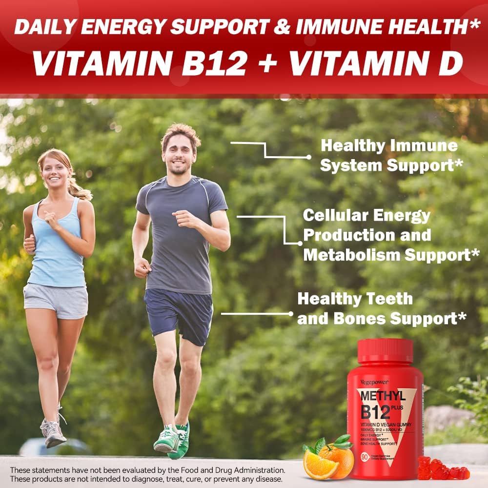 Vitamina B12 1000 mcg + D3 5000 UI Gominolas Veganas - Metilcobalamina - Sabor Naranja - 180 Unidades