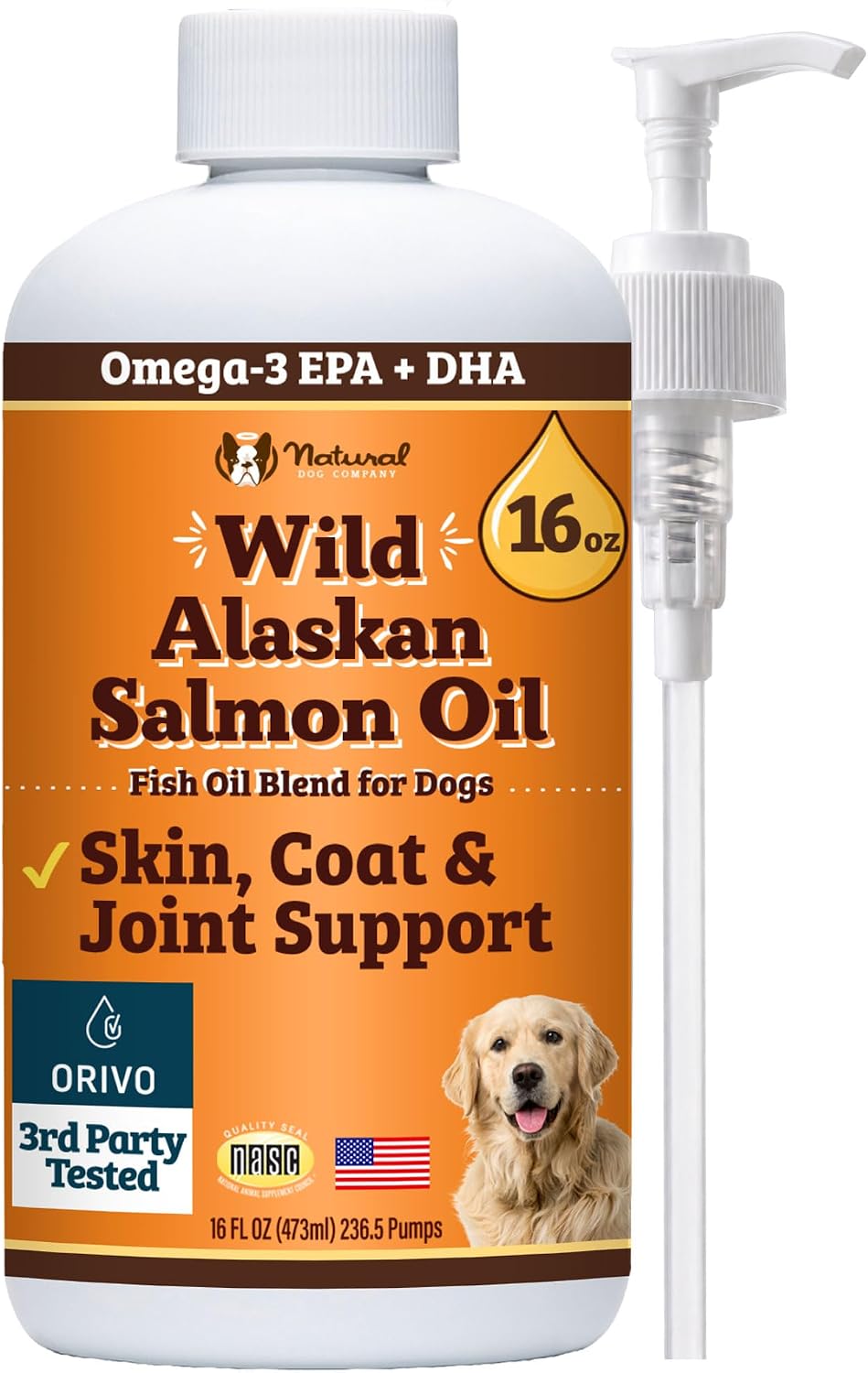 Natural Dog Company Aceite de Salmón Salvaje de Alaska para Perros - Suplemento de Omega 3 con EPA y DHA, 473 ml