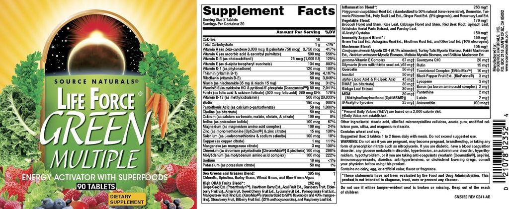 Source Naturals Life Force Green Multiple, activador energético con superalimentos - 90 comprimidos