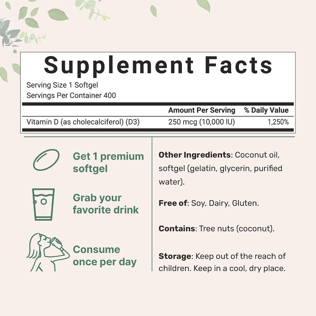 Micro Ingredients Vitamina D3 10,000 IU, 400 Softgels con Aceite de Coco Virgen