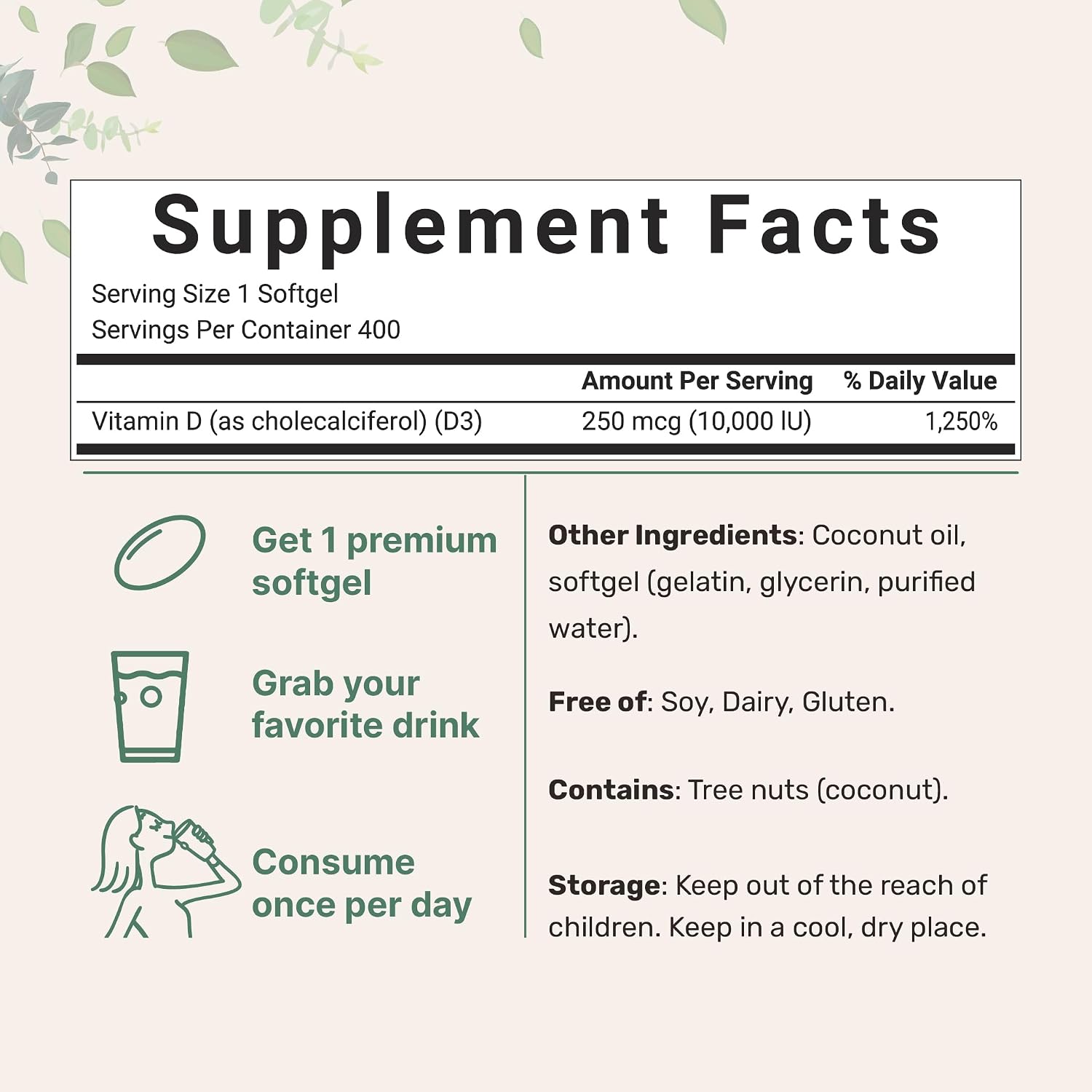 Micro Ingredients Vitamina D3 10,000 IU, 400 Softgels con Aceite de Coco Virgen