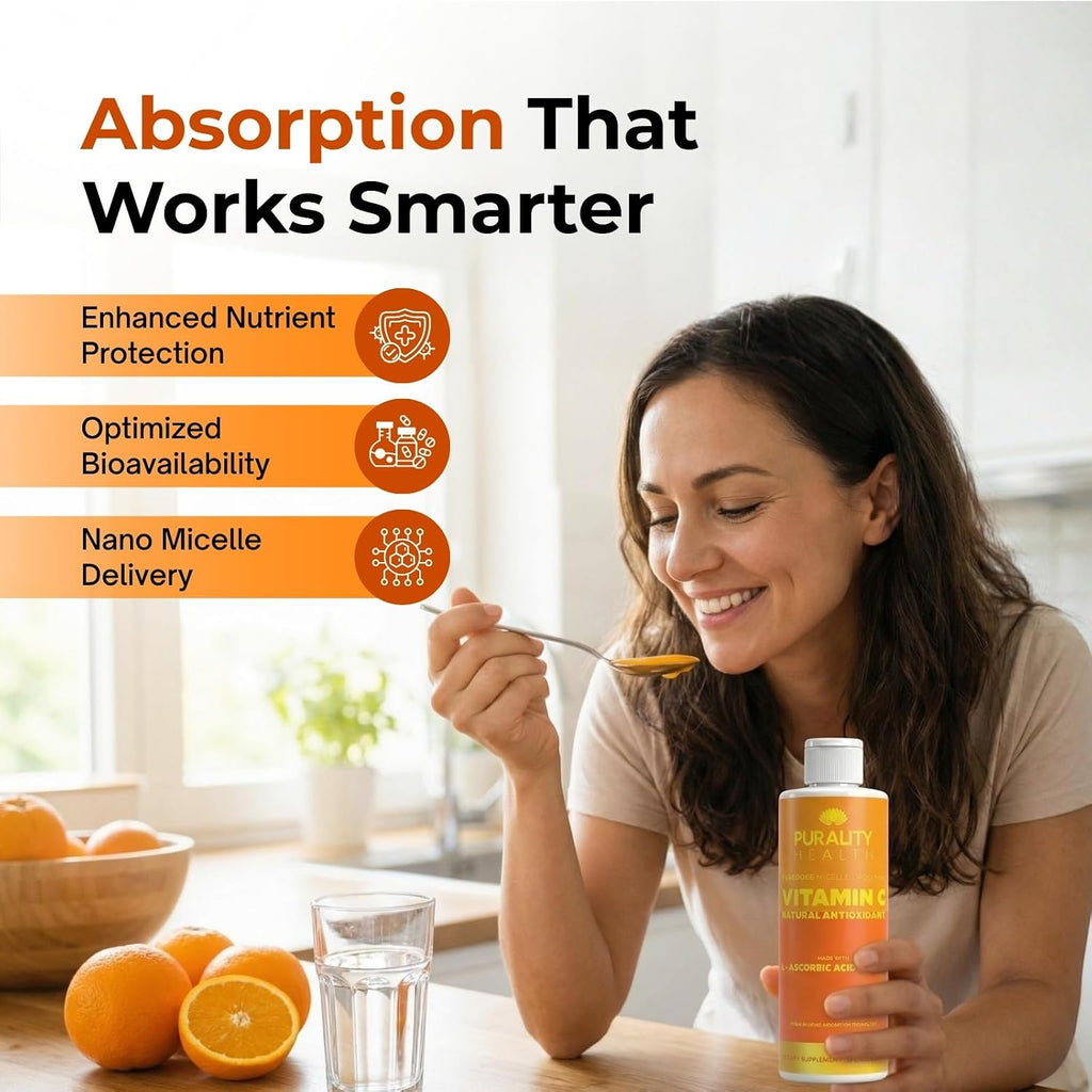 PURALITY HEALTH Vitamina C Líquida 1000mg por Dosis, Absorción Liposomal Mejorada, No GMO, Sin Gluten, Vegano, 15 Días