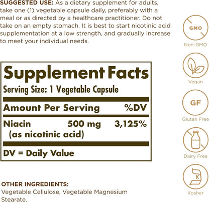 Niacina 500mg Solgar 100 Cápsulas – La niacina contribuye al funcionamiento normal del sistema nervioso. – Image 2