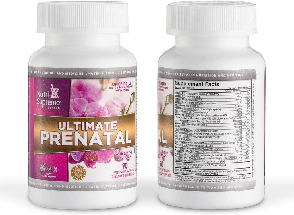 Nutri Supreme Ultimate Prenatal Vitamins, 90 Cápsulas Vegetales - 1.000 mcg de Folato, Multivitamínico de Una Toma Diaria
