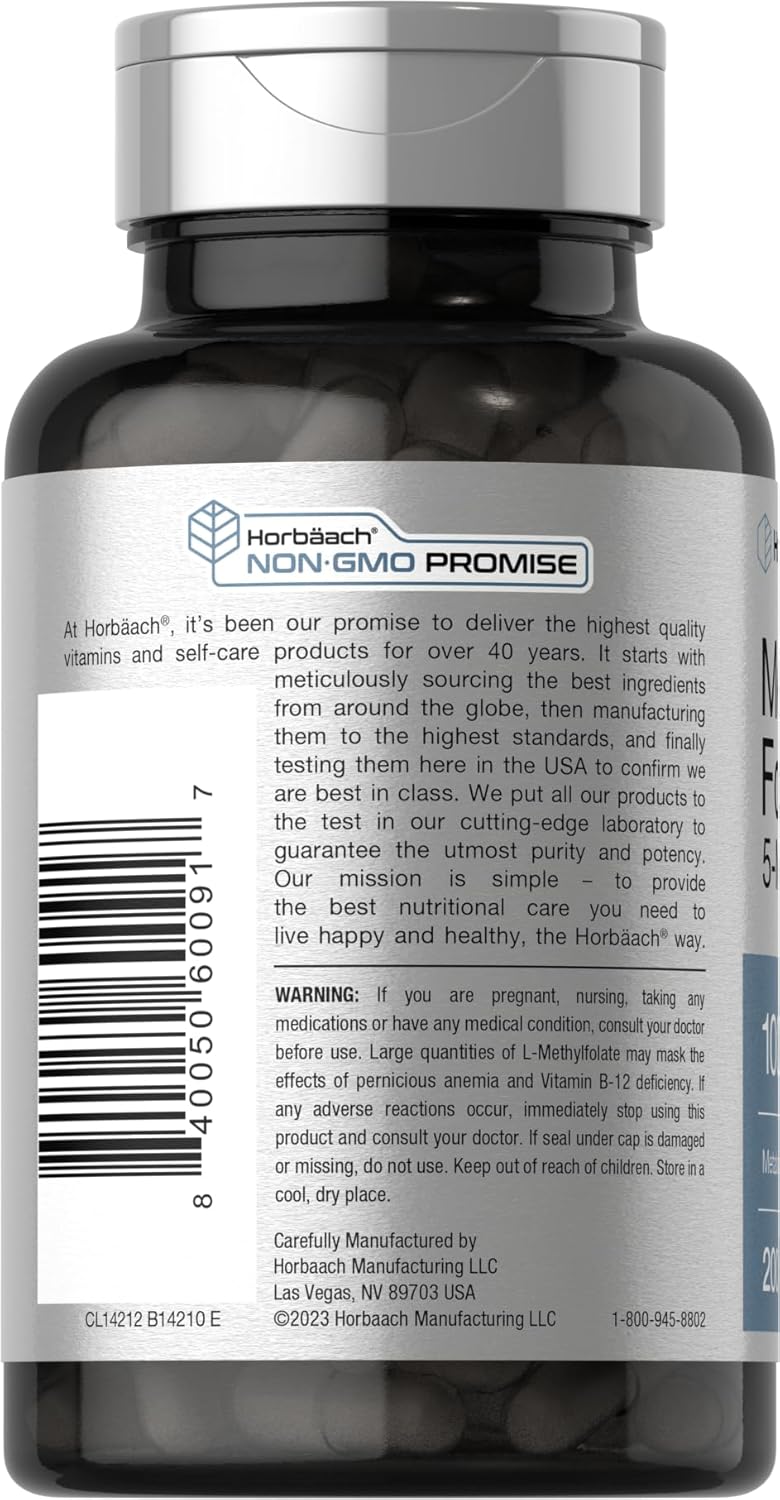 Horbäach Metilfolato | 1000 mcg | 200 Cápsulas | 5-MTHF | Sin Gluten, No-GMO