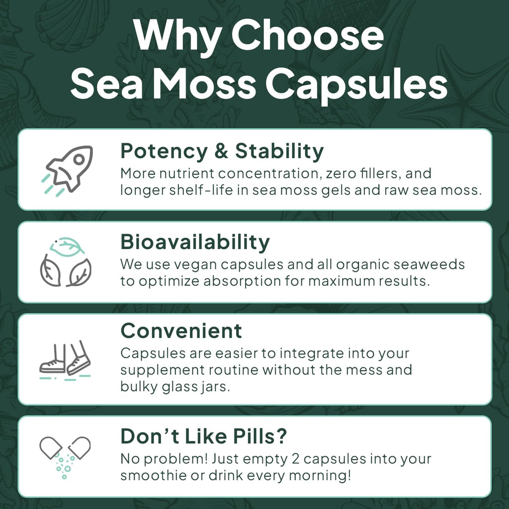 Organics Ocean Wild Sea Moss Cápsulas - Musgo Marino Orgánico con Chlorella, Bladderwrack y Vitamina D - 3 Botellas
