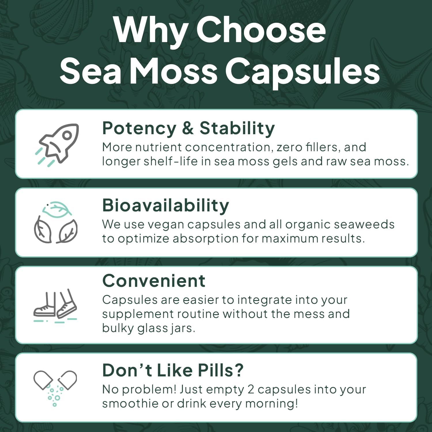 Organics Ocean Wild Sea Moss Cápsulas - Musgo Marino Orgánico con Chlorella, Bladderwrack y Vitamina D - 3 Botellas