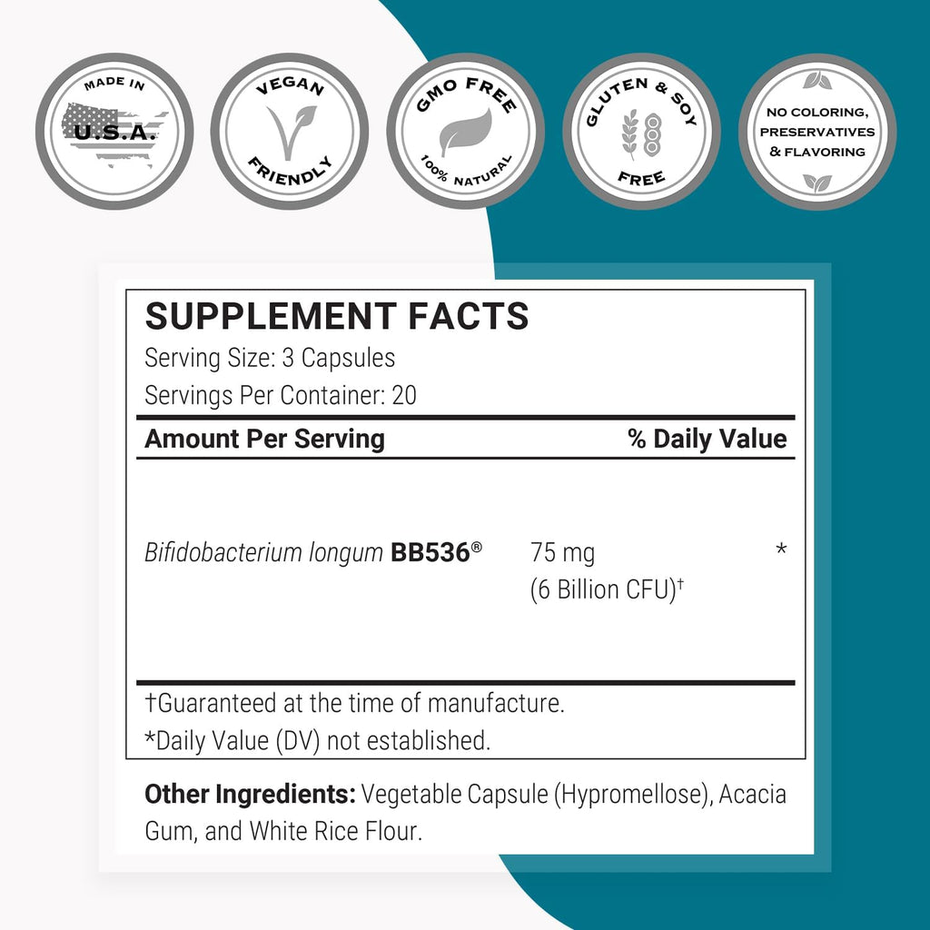 Supersmart Bifidobacterium Longum (BB536) 6 mil millones UFC - Probiótico y Prebiótico, 60 Cápsulas DR