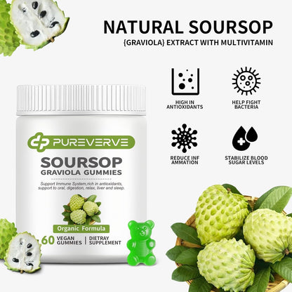 Pureverve Soursop Graviola Gummies con Musgo Marino y Zinc, Sin Azúcar, Vegano - 120 Gominolas (2 Paquete) – Image 5