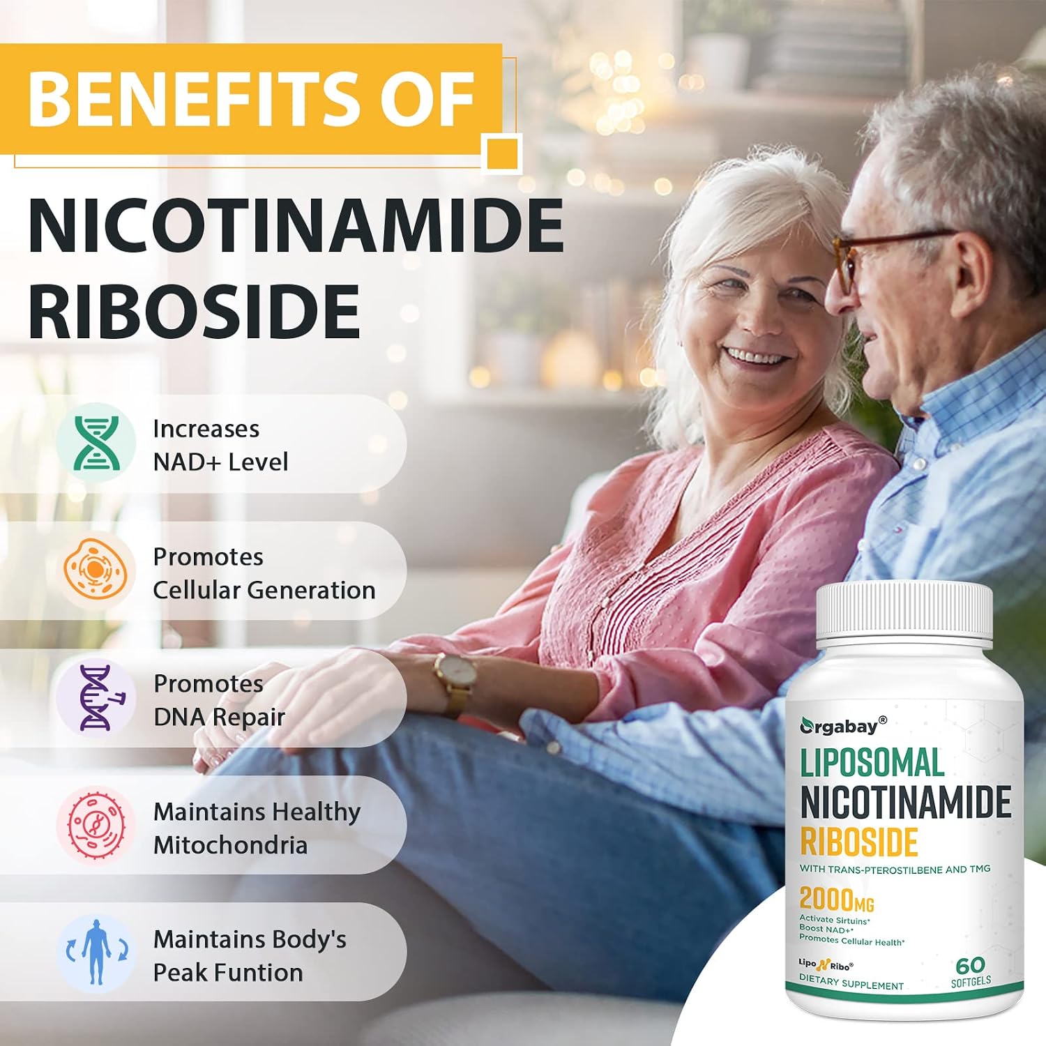 Orgabay Nicotinamida Ribósido Liposomal 2000 mg con TMG y Pterostilbeno, 120 Cápsulas Blandas