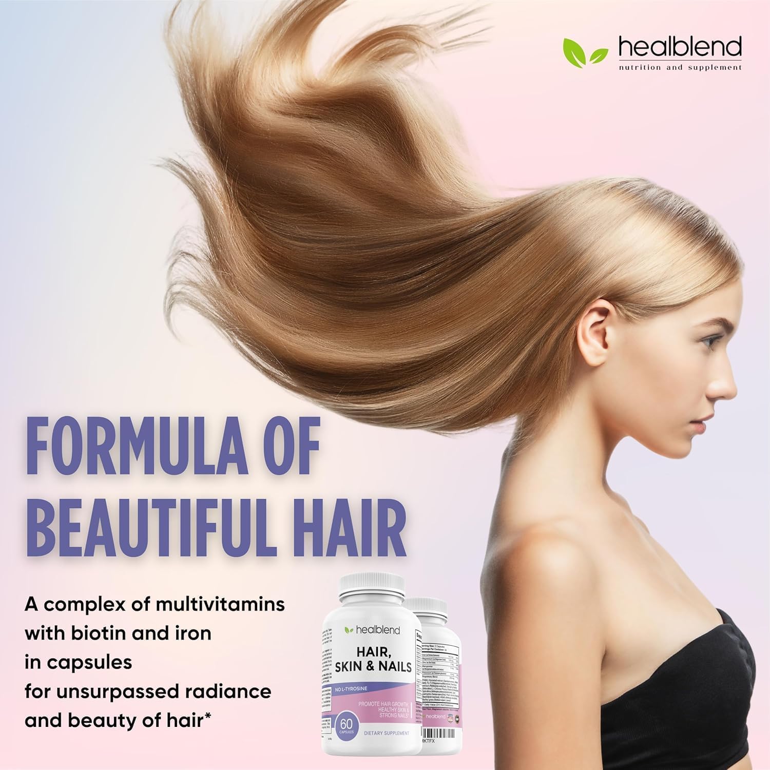 healblend Vitaminas para Cabello, Piel y Uñas para Mujeres con Biotina 5000 mcg, Hierro y Manganeso | Vegano, No-OGM | 60 Cápsulas