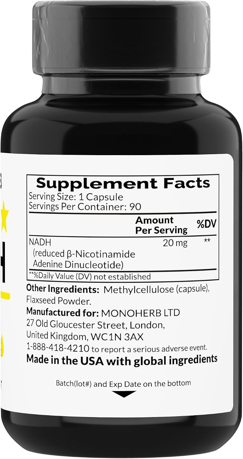 MONOHERB NADH 20 mg - 90 Cápsulas Vegetales - Suplemento de Nicotinamida Adenina Dinucleótido Reducido
