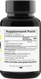 MONOHERB NADH 20 mg - 90 Cápsulas Vegetales - Suplemento de Nicotinamida Adenina Dinucleótido Reducido
