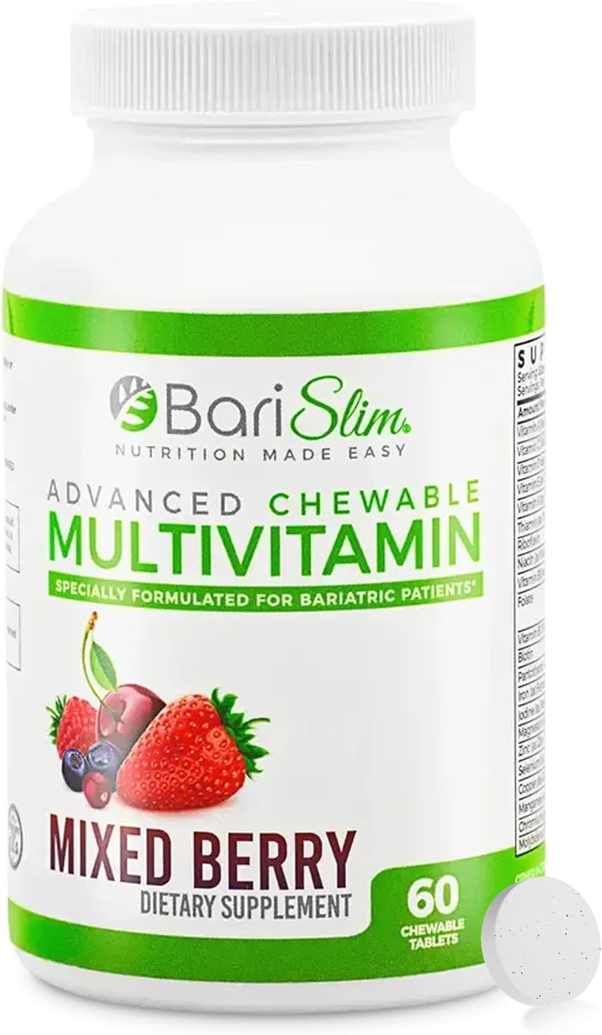 BariSlim Advanced Chewable Bariatric Multivitamin Tablets - Multivitamínico masticable para cirugía bariátrica (60 comprimidos, Sabor Berry Mix)