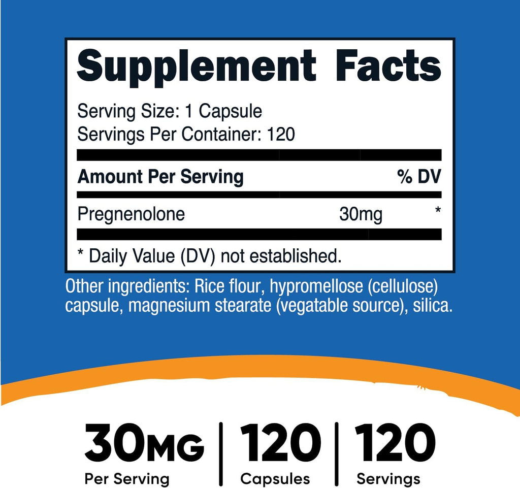 Nutricost Pregnenolona 30mg, 120 Cápsulas - No Transgénico, Sin Gluten, Cápsulas Vegetales
