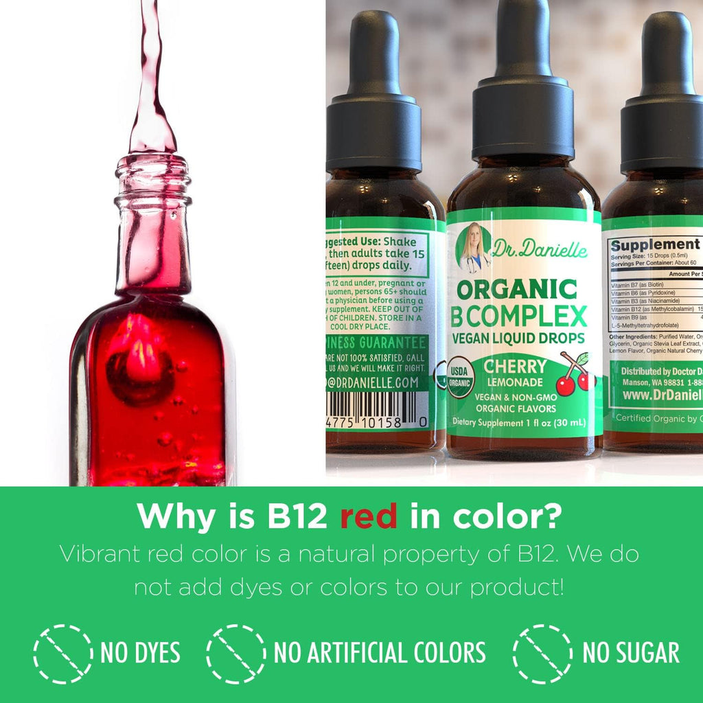 Complejo B Orgánico Líquido Gotas | Suplemento de Vitaminas B con B3, B6, B7, B9 y Metil B12 Gotas para Adultos y Niños | Sabor Cereza Vegano 1 oz | 60 Porciones / 2 Meses Suministro