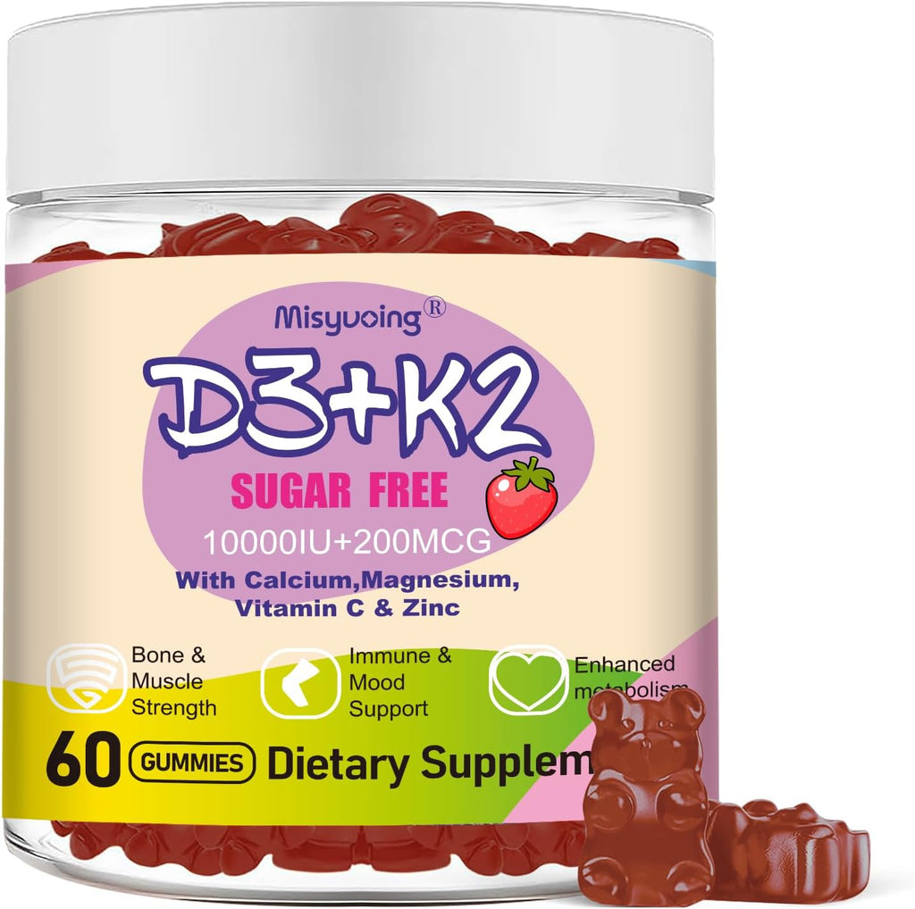 Vitamin D3 K2 Gummies, Vitamina D3 10000 UI con K2 200 mcg, Vitamina C, Calcio, Magnesio, Zinc, Apoyo para Huesos, Articulaciones, Músculos, Nervios y Sistema Inmunológico (60, Naranja, Sin Azúcar)