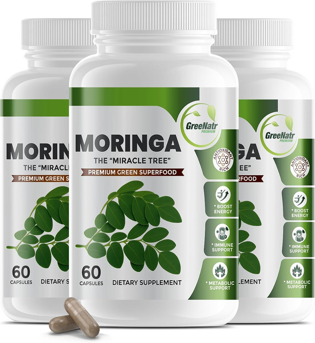 GreeNatr Moringa Oleifera Extracto Puro 1000 mg - 180 Cápsulas Vegetales (3 Frascos)