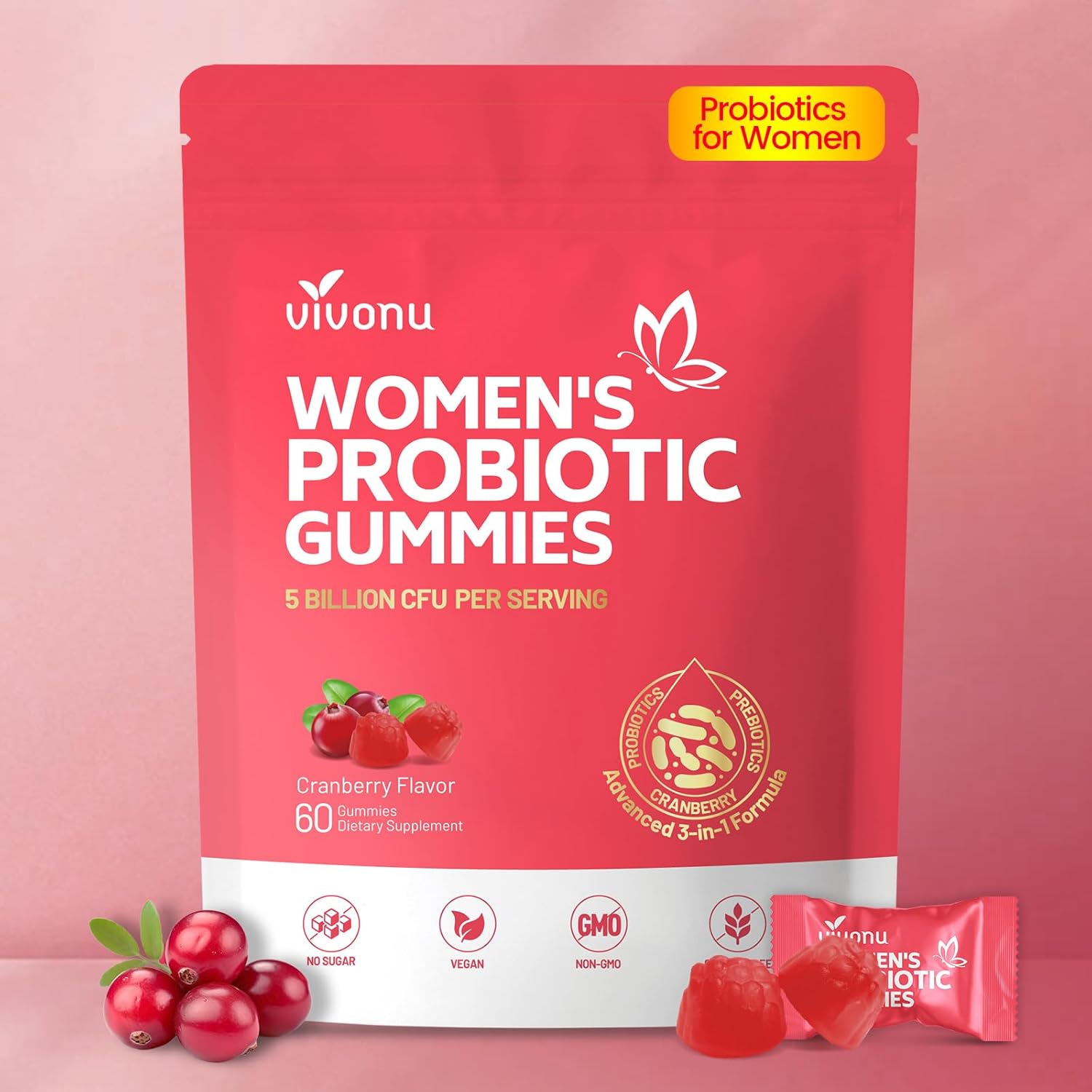 VivoNu Probióticos Femeninos en Gominolas - Equilibrio Vaginal y Digestivo - 60 Gominolas de Arándano Rojo
