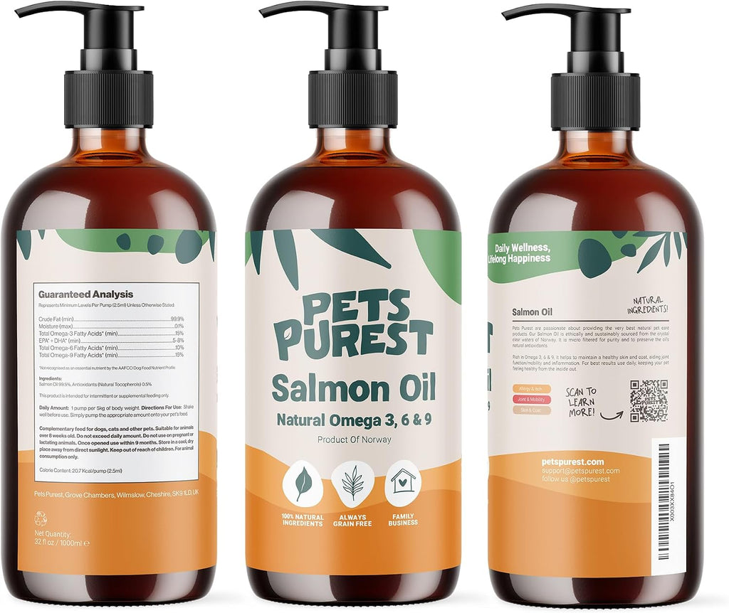 Pets Purest Aceite de Salmón para Perros, Gatos, Caballos y Hurones - 946 ml 100% Puro Premium - Suplemento Natural Omega 3, 6 y 9