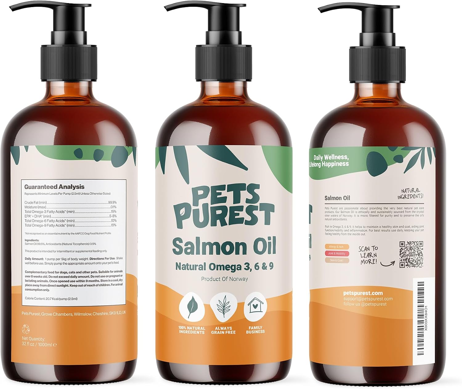 Pets Purest Aceite de Salmón para Perros, Gatos, Caballos y Hurones - 946 ml 100% Puro Premium - Suplemento Natural Omega 3, 6 y 9