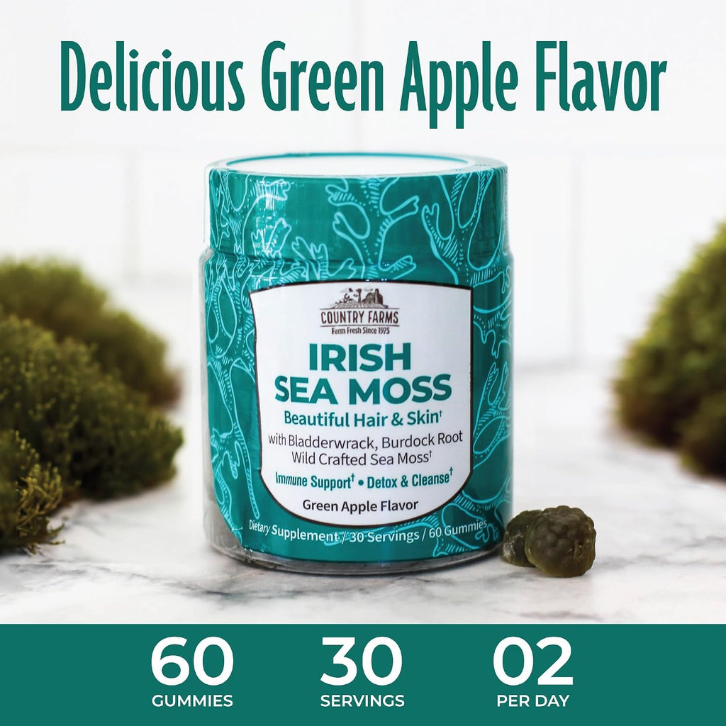 Country Farms Irish Sea Moss Gummies - 2000mg con Bardana y Fucus - Vegano y Sin Gluten - Sabor Manzana Verde