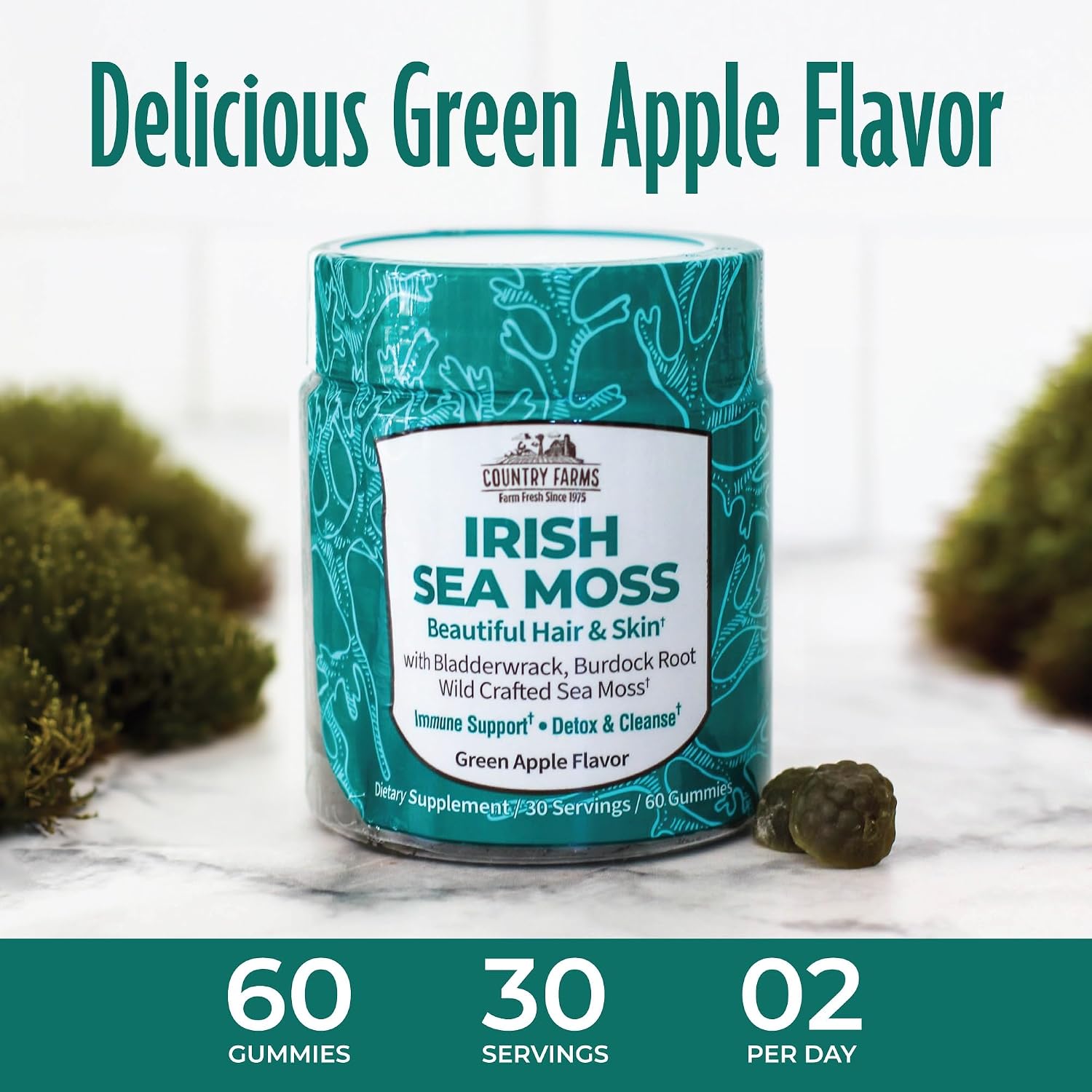 Country Farms Irish Sea Moss Gummies - 2000mg con Bardana y Fucus - Vegano y Sin Gluten - Sabor Manzana Verde