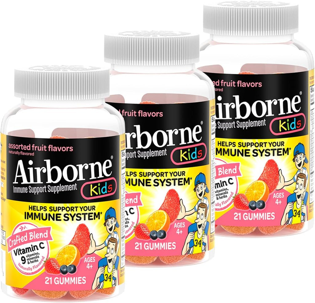 Airborne Gominolas de Vitamina C 500mg + Zinc para Niños, Sabor Fruta Variada, 21 Gominolas (Pack de 3)