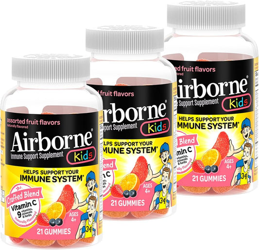 Airborne Gominolas de Vitamina C 500mg + Zinc para Niños, Sabor Fruta Variada, 21 Gominolas (Pack de 3)