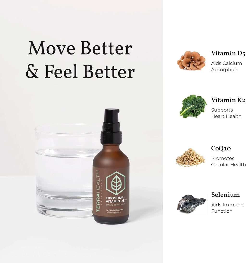 Terra Health Essentials Vitamina D3 + K2 Liposomal con CoQ10 y Selenio - 60 ml (2 oz), 30 días