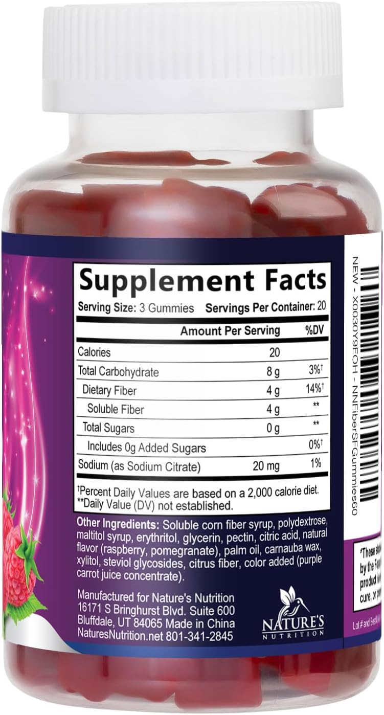 Nature's Nutrition Fiber Gummies – Gomitas de fibra prebiótica sin azúcar, 4g por porción, 60 gomitas