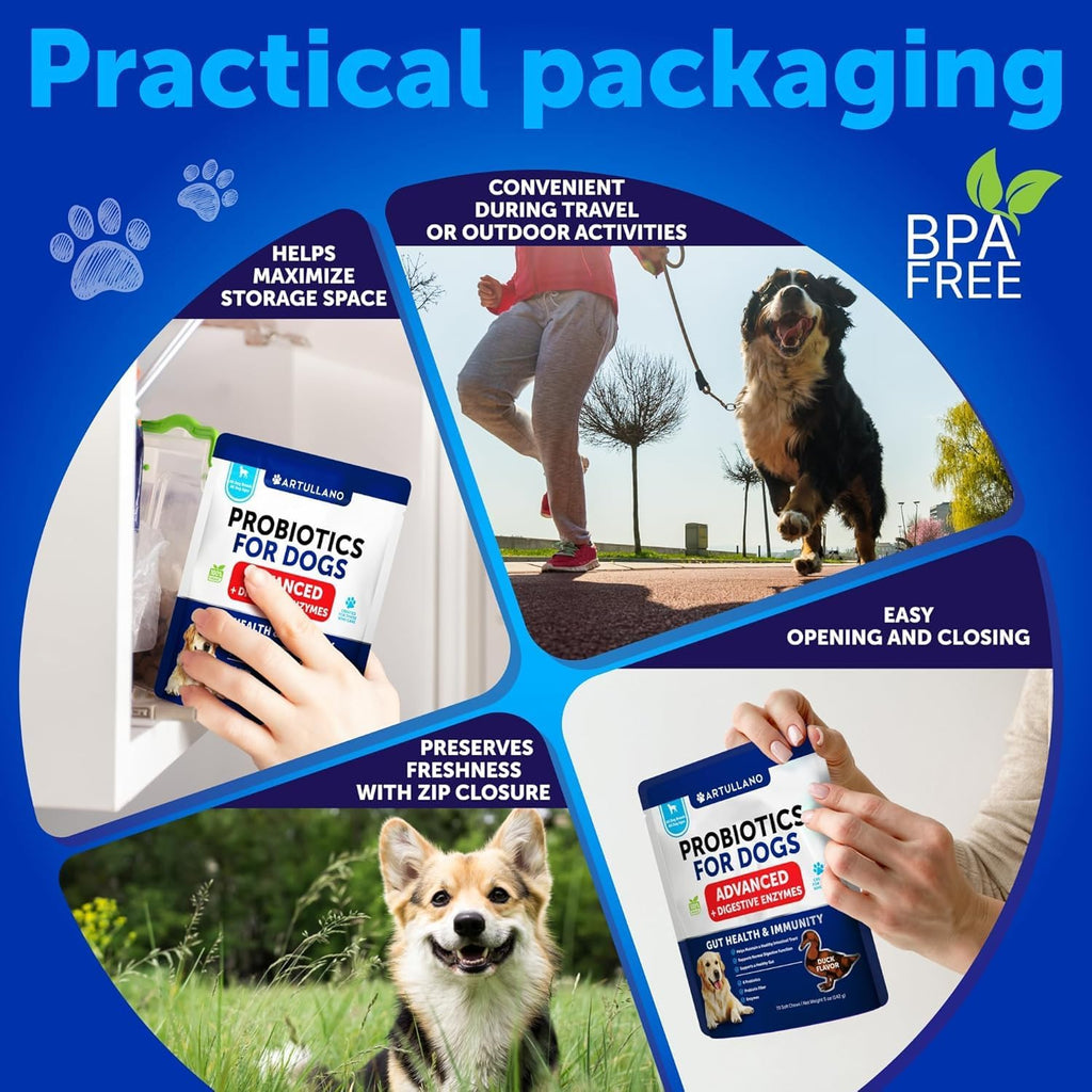 Probióticos para Perros - Apoya la Salud Digestiva, Piel con Picor, Alergias, Inmunidad, Equilibrio de Levaduras - Probióticos para Perros y Enzimas Digestivas con Prebióticos - Reduce Diarrea, Gases - 70 Masticables Probióticos para Perros