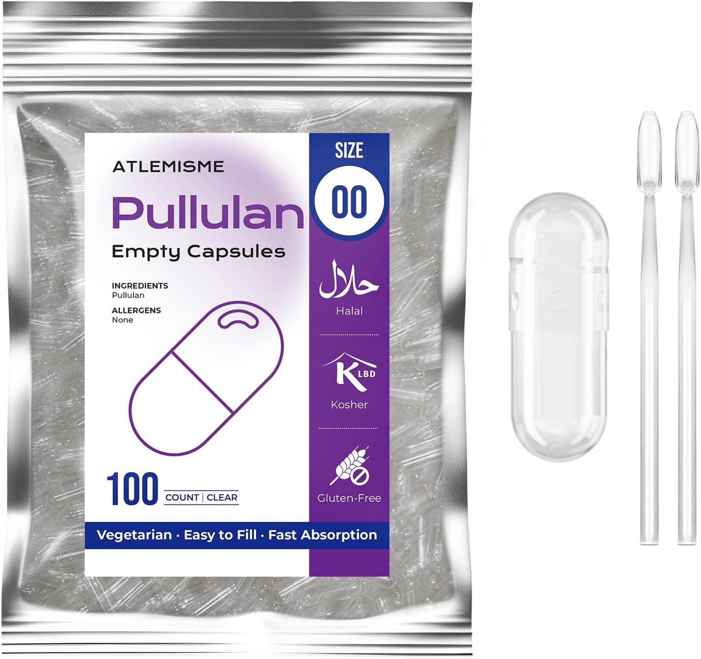 ATLEMISME Cápsulas Vacías de Pullulan Tamaño 00 - Veganas (100 uds) con 2 Cucharas Dosificadoras