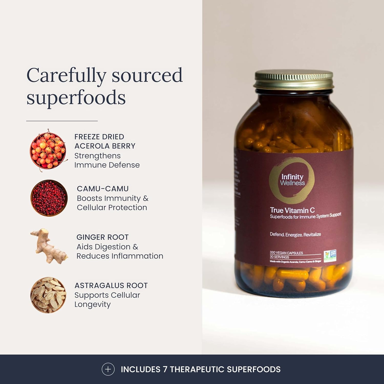 Infinity-C Cápsulas de Vitamina C Orgánica – 1000 mg de Acerola, Camu Camu y Amla con Jengibre, Astrágalo y Shilajit (30 dosis)