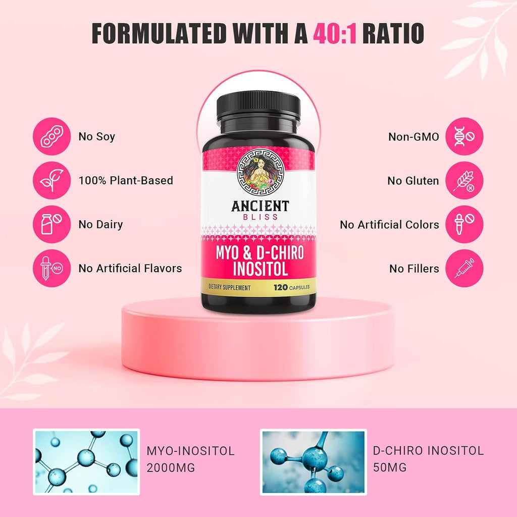 Ancient Bliss Myo y D-Chiro Inositol 40:1, 2050mg por dosis, 120 Cápsulas Veganas