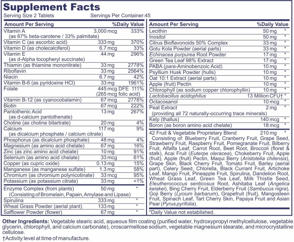 Life's Vitality Multivitamínico Vegano para Hombres y Mujeres - 42 Frutas y Verduras, Vitamina D, 90 Comprimidos