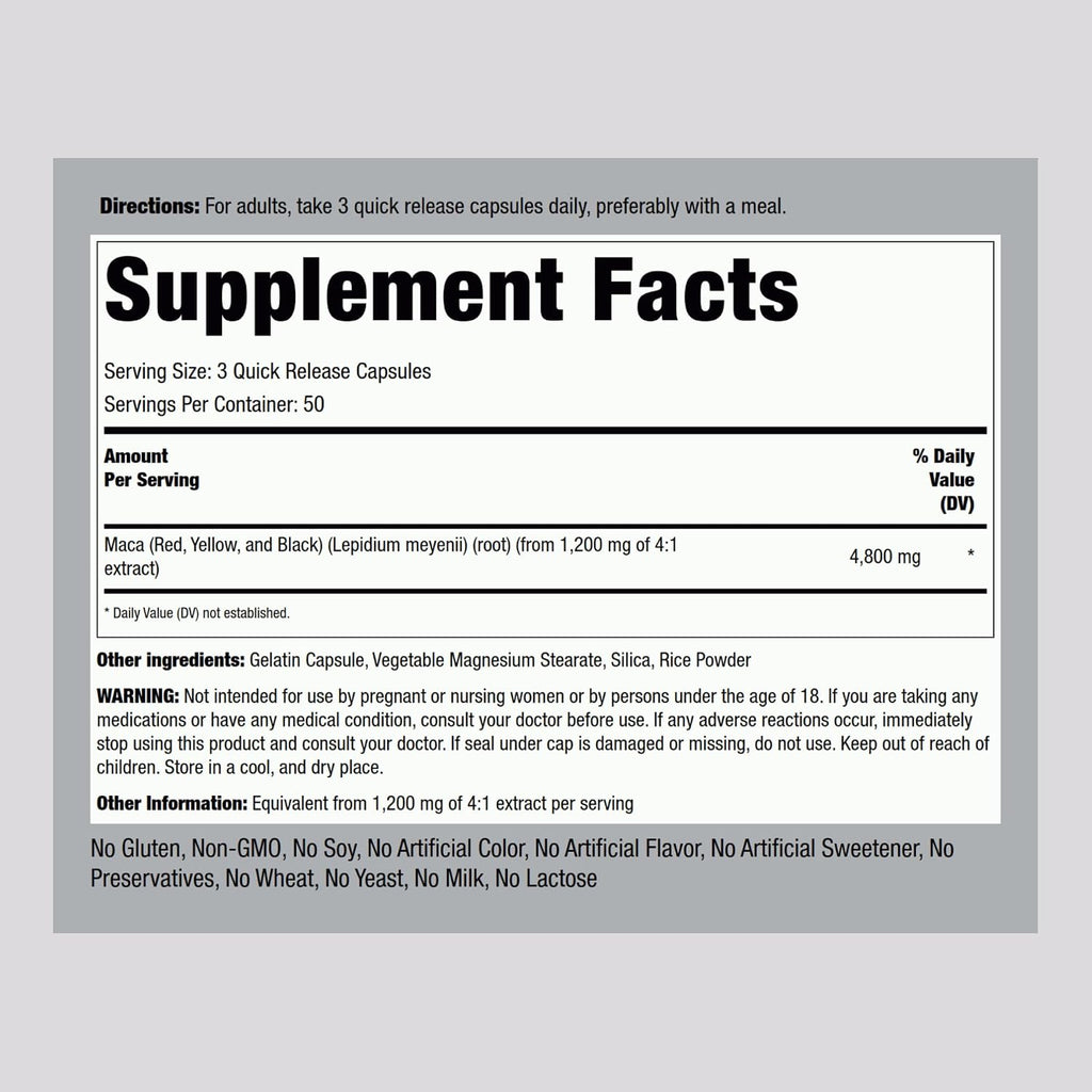 Piping Rock Cápsulas de Raíz de Maca | 150 Comprimidos | Para Hombres y Mujeres | Maca Roja, Amarilla y Negra | Sin OGM, Sin Gluten