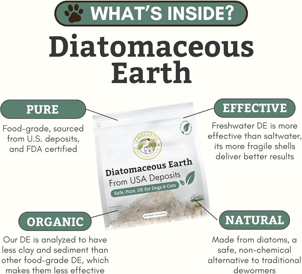 Wholistic Pet Organics Tierra de Diatomeas Grado Alimenticio para Perros y Gatos - 370g (13 oz) - Polvo Multiuso
