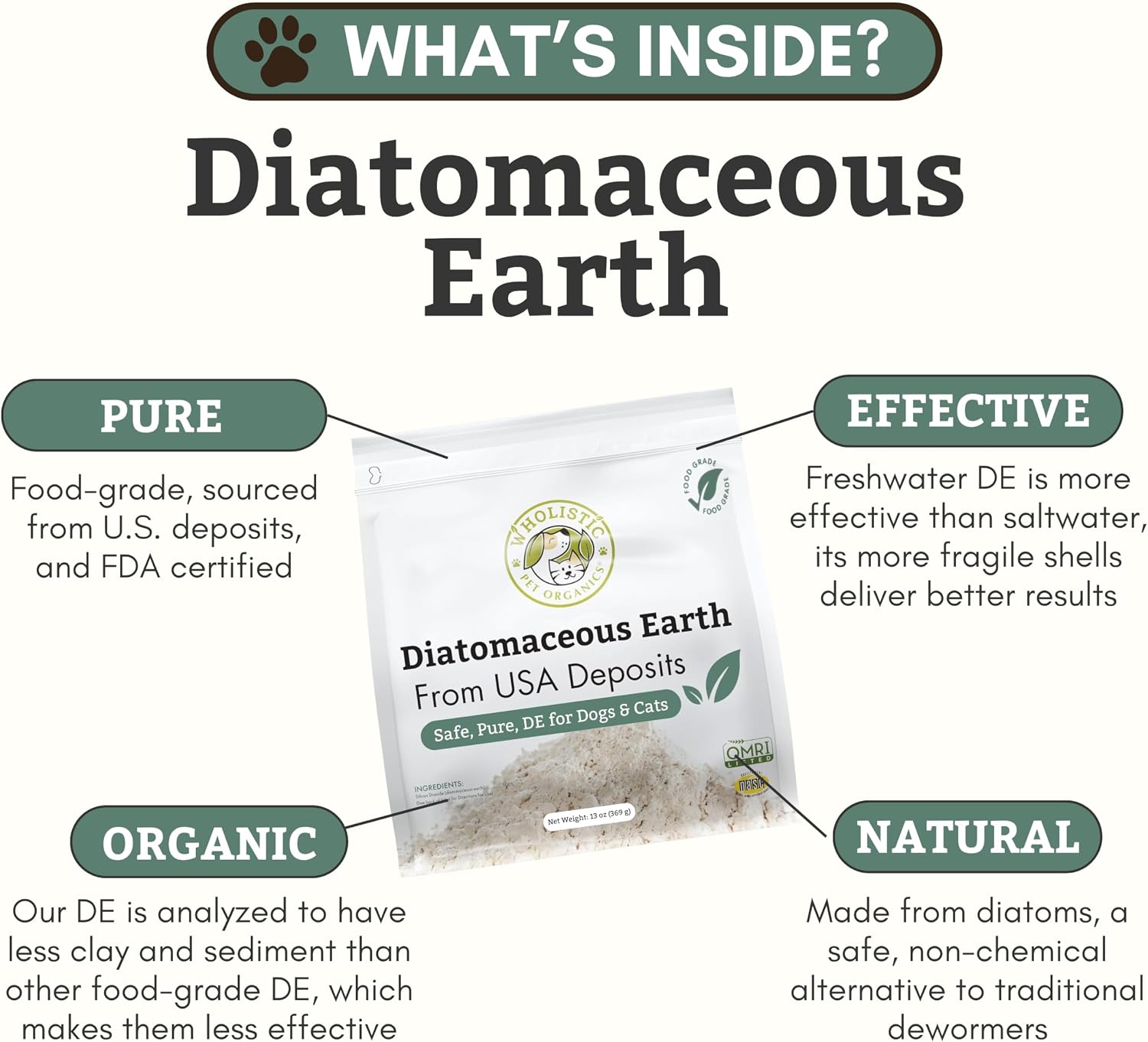 Wholistic Pet Organics Tierra de Diatomeas Grado Alimenticio para Perros y Gatos - 370g (13 oz) - Polvo Multiuso
